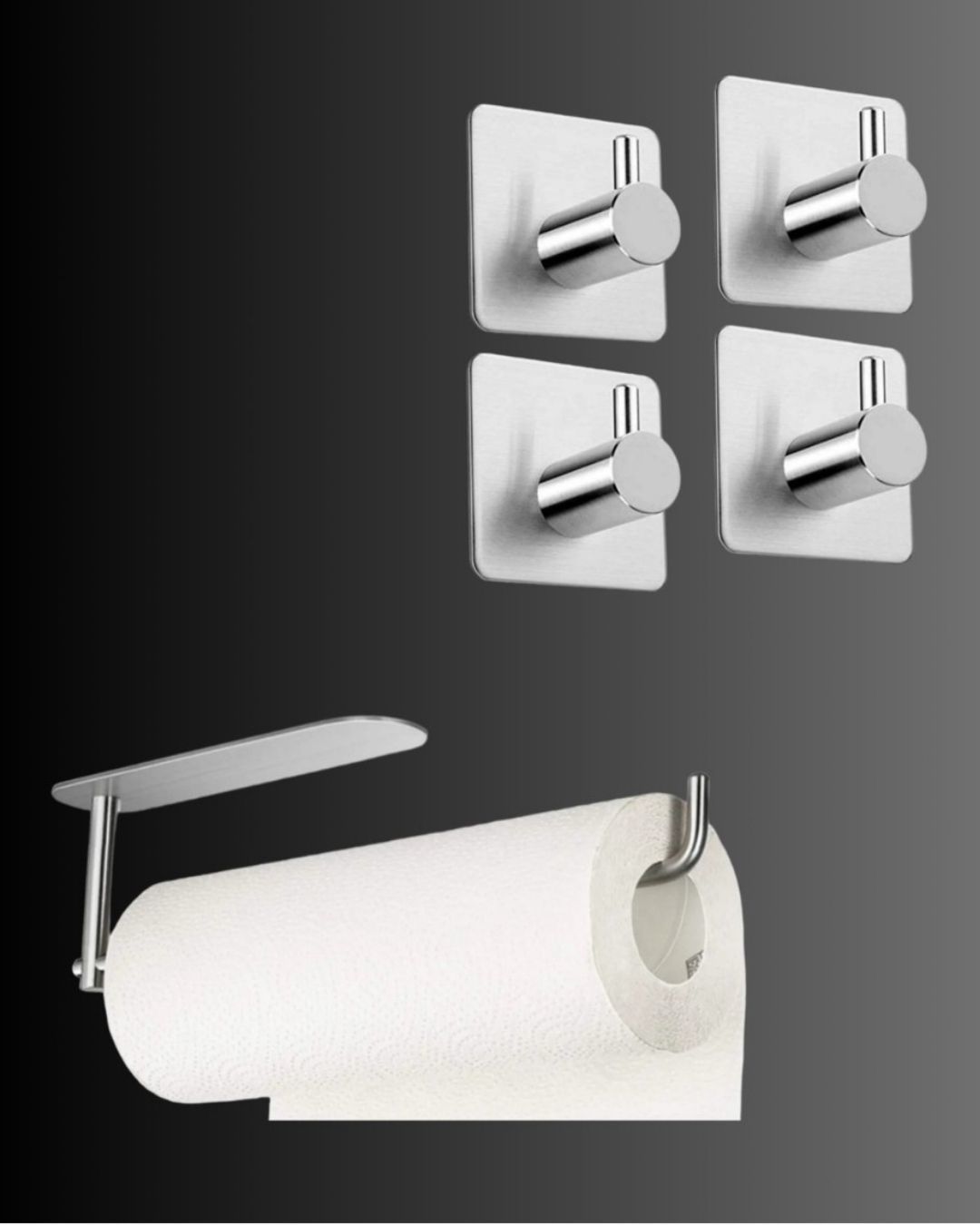 DELTAHOME Paslanmaz Çelik Yapışkanlı Kağıt Havluluk ve 4 Adet Banyo Askısı SET