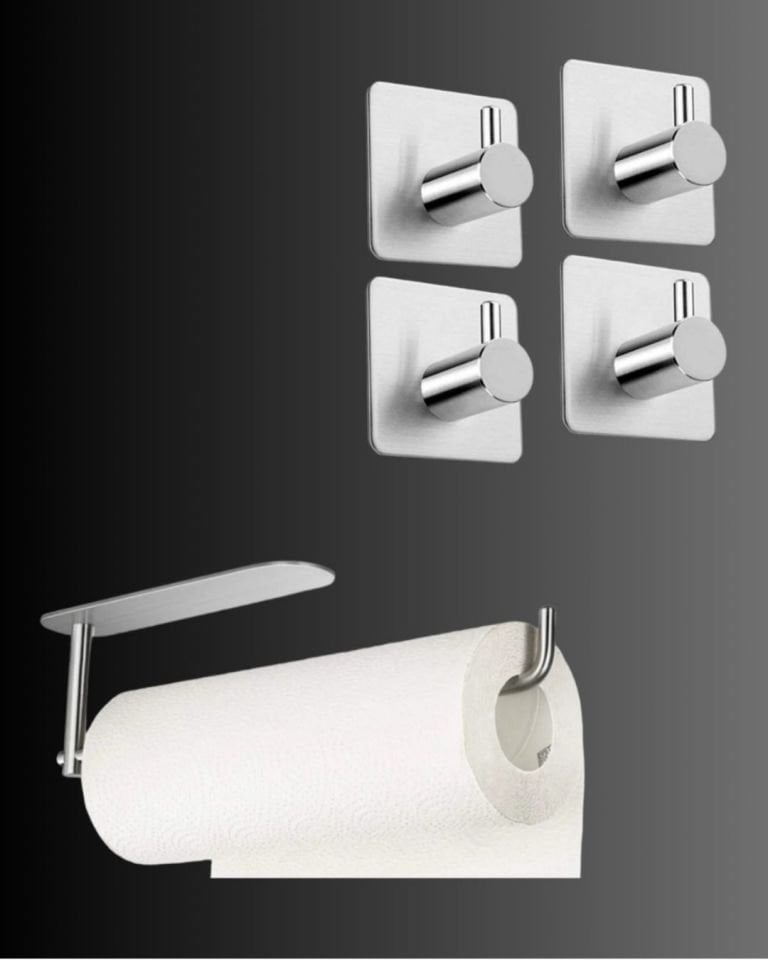 DELTAHOME Paslanmaz Çelik Yapışkanlı Kağıt Havluluk ve 4 Adet Banyo Askısı SET